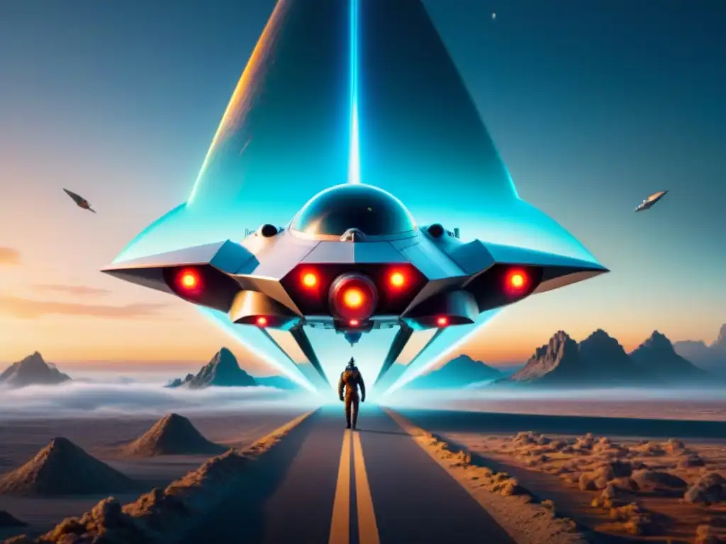 Una nave espacial futurista flotando sobre un paisaje alienígena vasto, con pantallas tecnológicas brillantes y una sensación de asombro inspirador