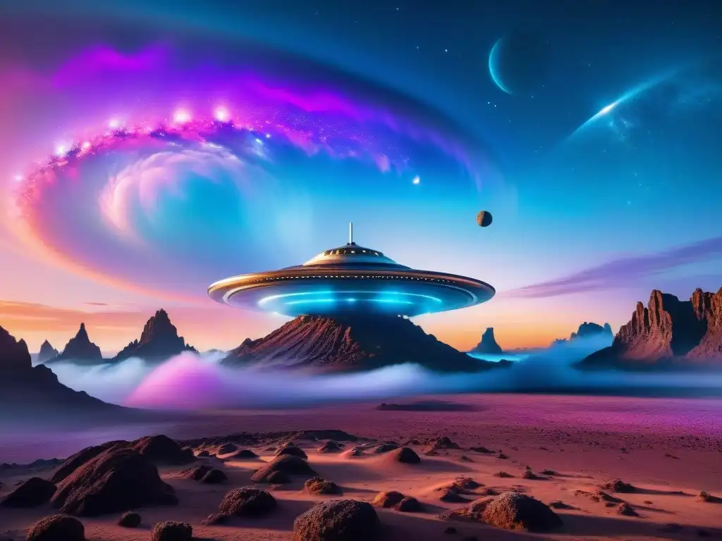 Nave espacial futurista sobre planeta alienígena vibrante, nebulosas y estrellas en el cosmos