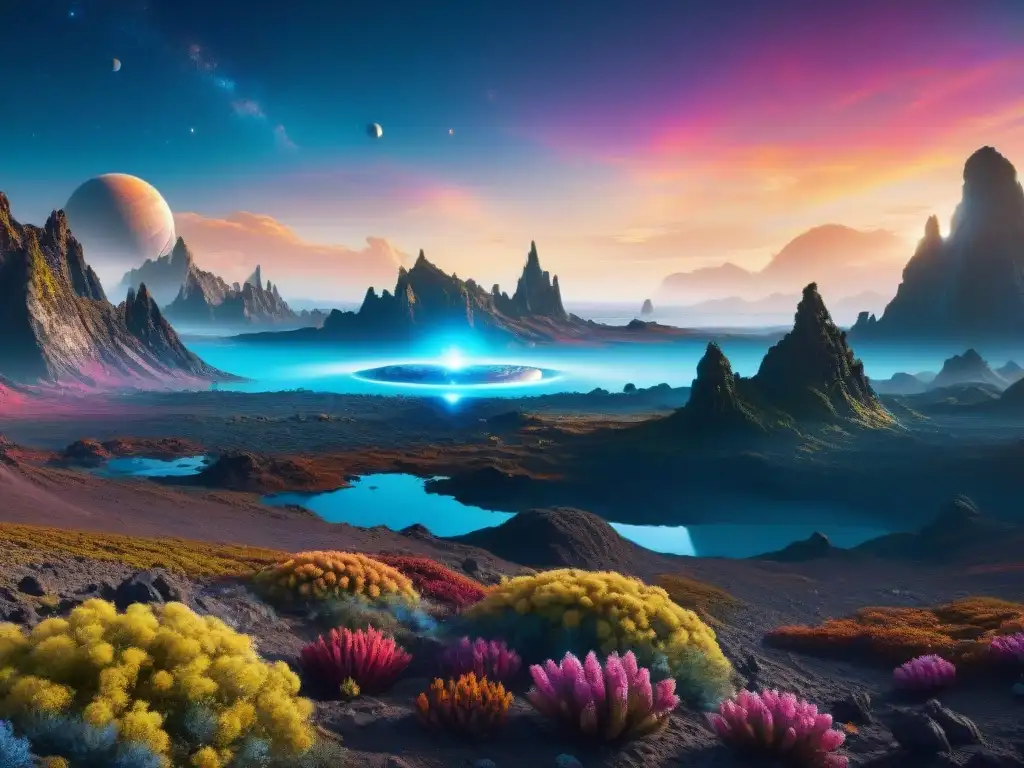 Nave futurista sobre exoplaneta alienígena vibrante Nave espacial futurista sobre planeta alienígena vibrante, con flora exótica y criaturas coloridas