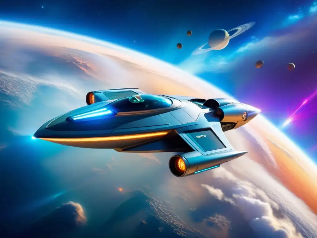 La nave espacial futurista de la serie 'The Orville' flota en el espacio, con detalles metálicos relucientes y motor brillante