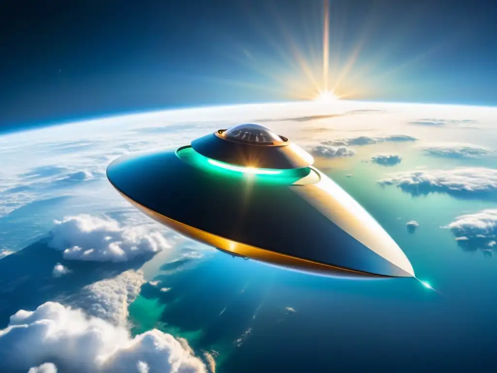 Una nave espacial futurista con tecnología en viajes espaciales innovadora, flotando sobre la atmósfera terrestre, iluminada por el sol