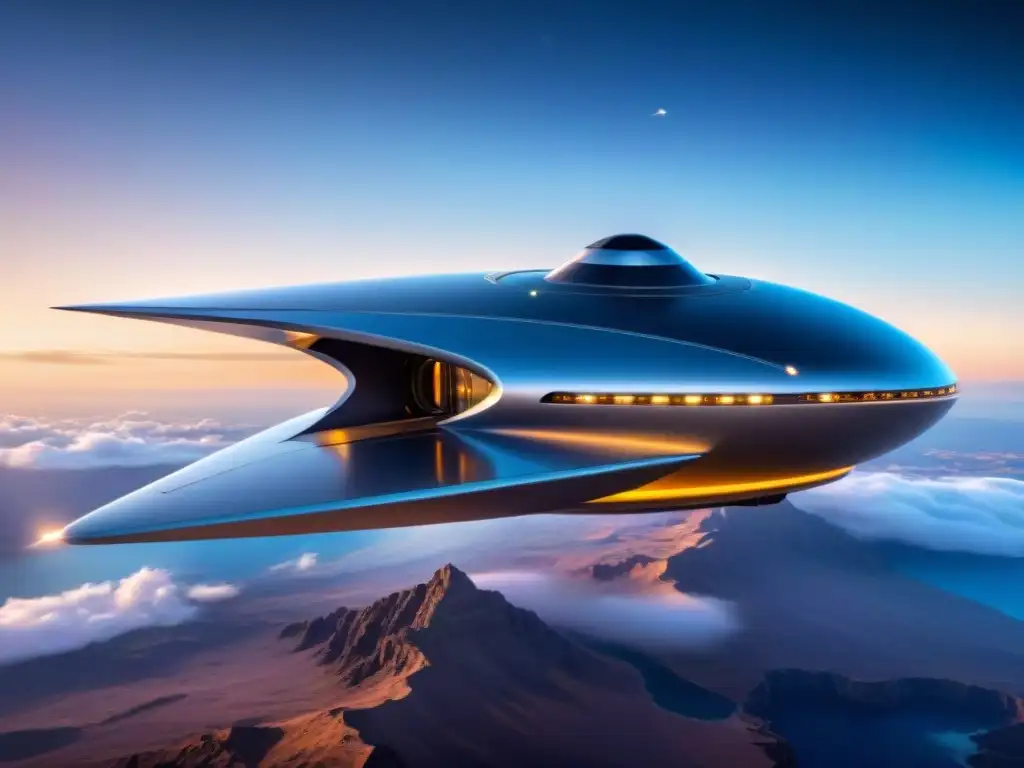 Una nave espacial futurista para turismo espacial, con superficies metálicas y ventanas panorámicas, en el espacio estelar con la Tierra de fondo