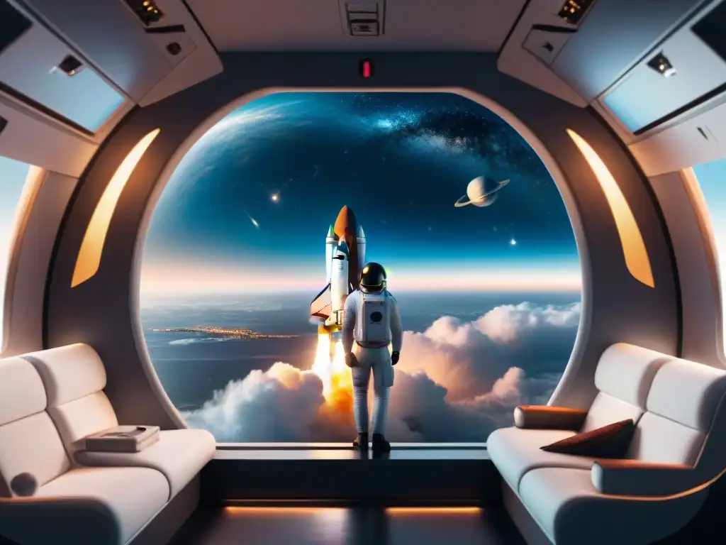 Una nave espacial futurista para viajes románticos en el espacio, con parejas admirando la vista cósmica