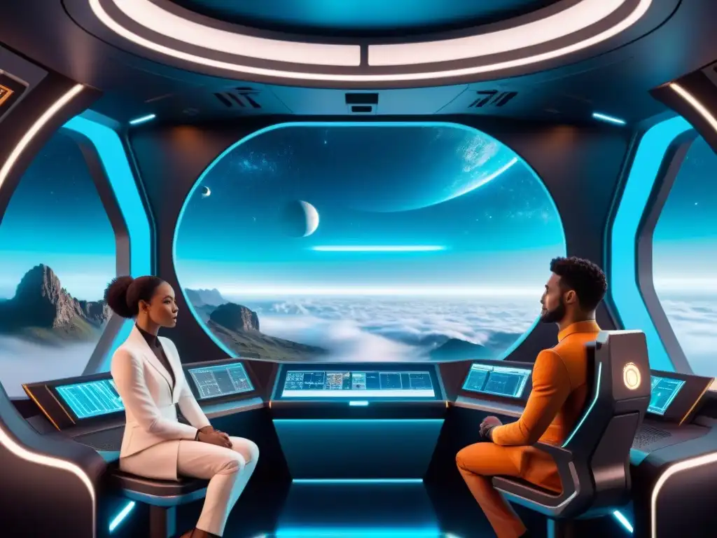 En la nave espacial del futuro, un equipo diverso opera paneles de control futuristas