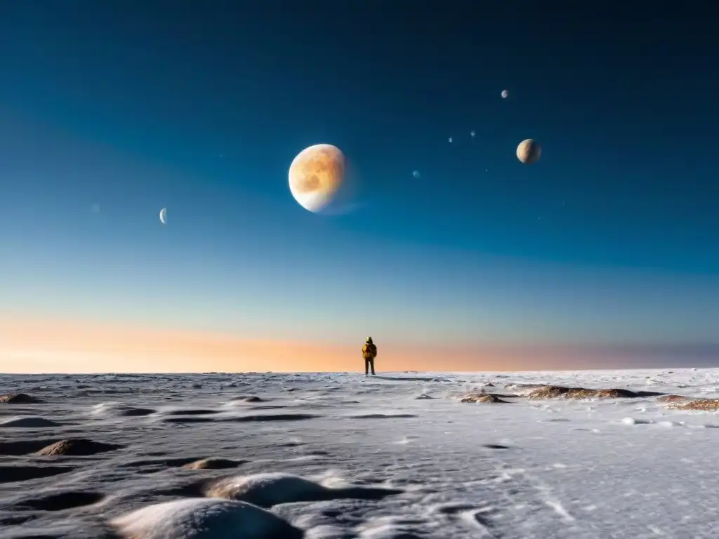 Una nave espacial brilla sobre la helada luna, con Júpiter de fondo y sus lunas lejanas