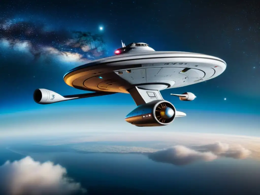 Una nave espacial icónica del cine, el USS Enterprise de Star Trek, en detalle y alta resolución, en el espacio