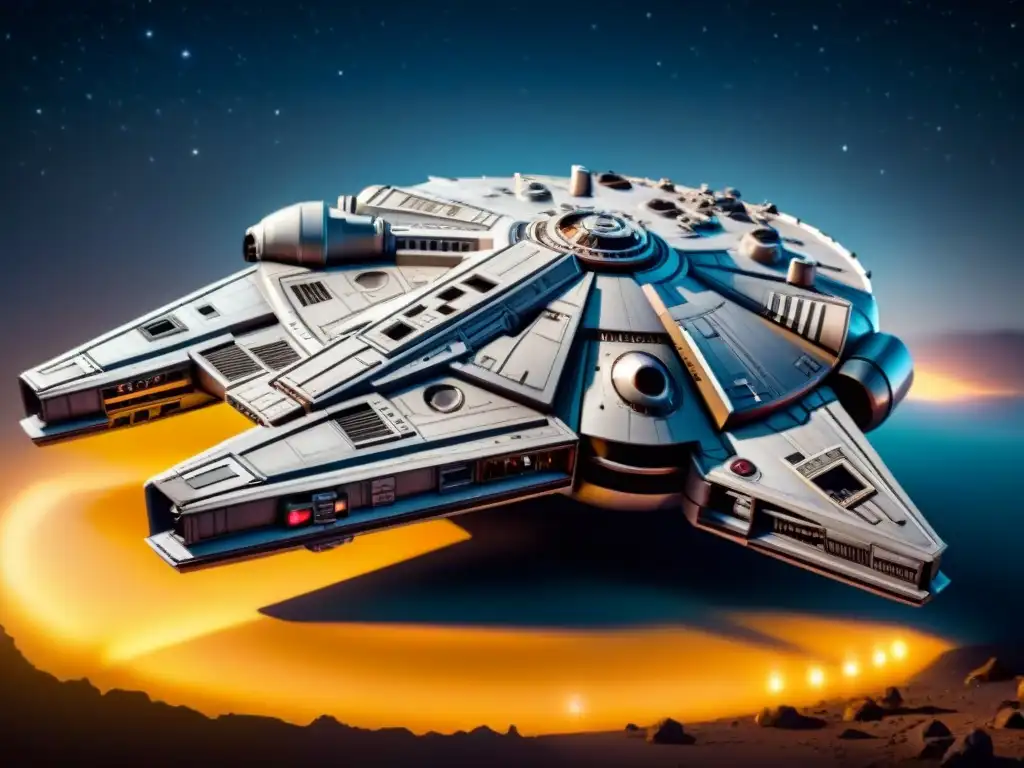 Nave espacial icónica del cine: Detalles detallados de la 'Millennium Falcon' en el espacio, lista para la aventura interestelar