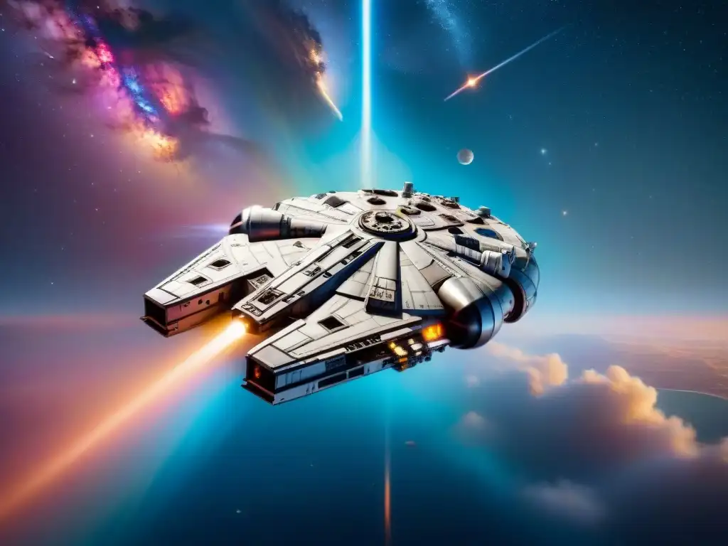 Nave espacial icónica del cine, el Halcón Milenario surcando una galaxia vibrante en 8k, reflejando historia y aventura