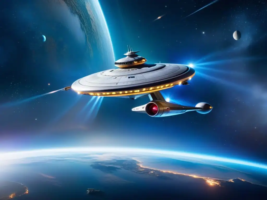 Nave espacial icónica del universo: el USS Enterprise de Star Trek surcando el espacio, invitando a la exploración