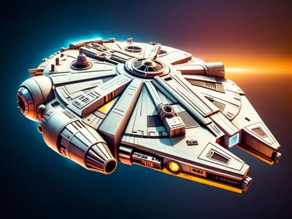 Nave espacial Millennium Falcon de Star Wars con diseño detallado y tecnología futurista, surcando el cielo estrellado