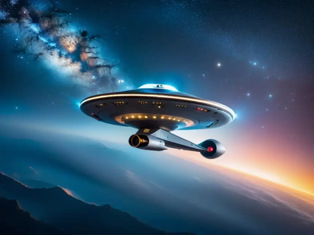 La nave estelar USS Enterprise de Star Trek, explorando el espacio, rodeada de estrellas y nebulosas