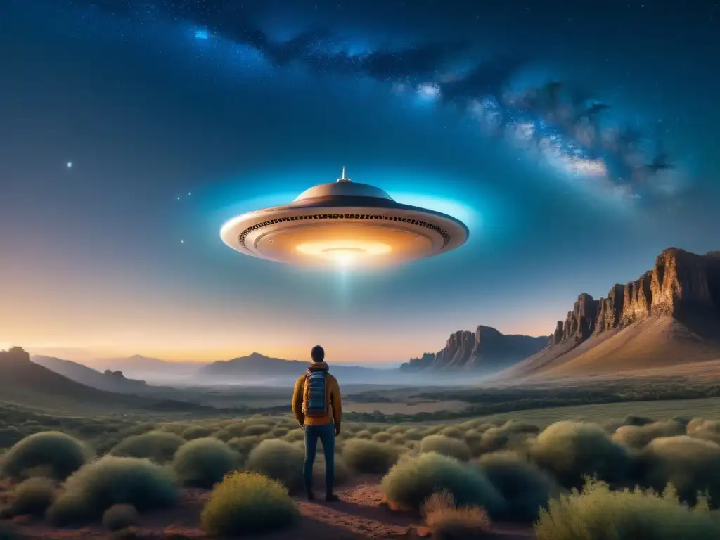 Una nave extraterrestre brilla sobre un paisaje tranquilo mientras humanos curiosos la observan