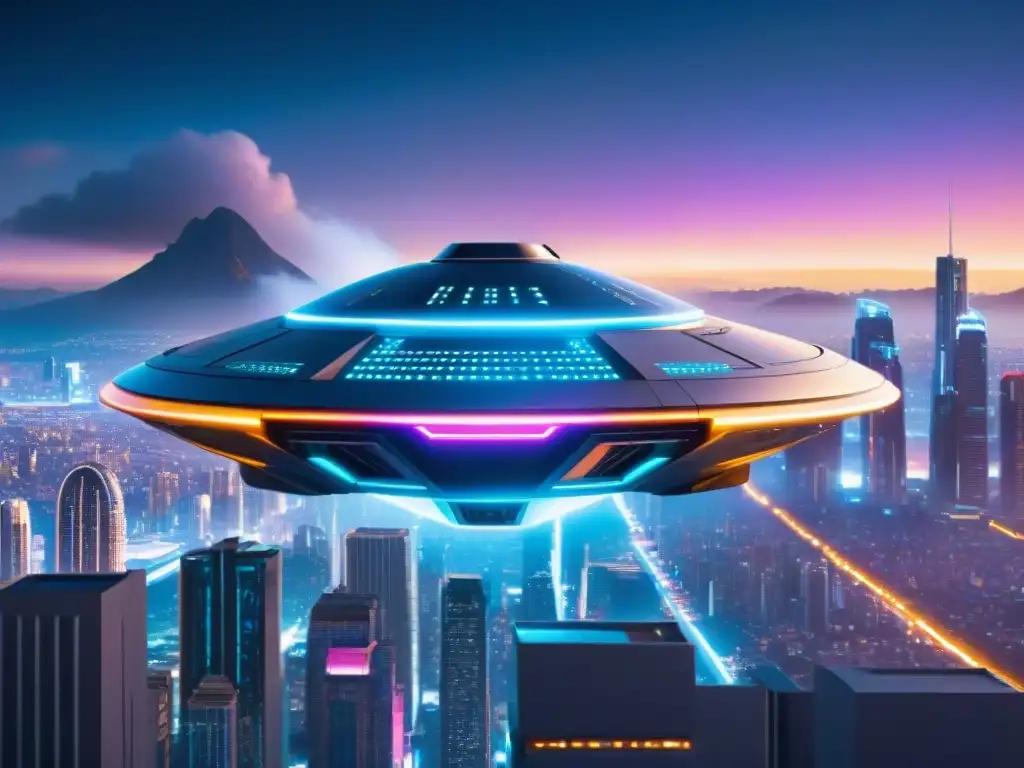 Nave futurista brillante sobre ciudad futurista de noche, reflejando ciberseguridad