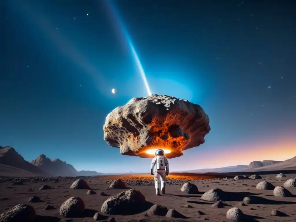 Nave futurista extrayendo Helio3 de un asteroide en el espacio, con astronautas supervisando