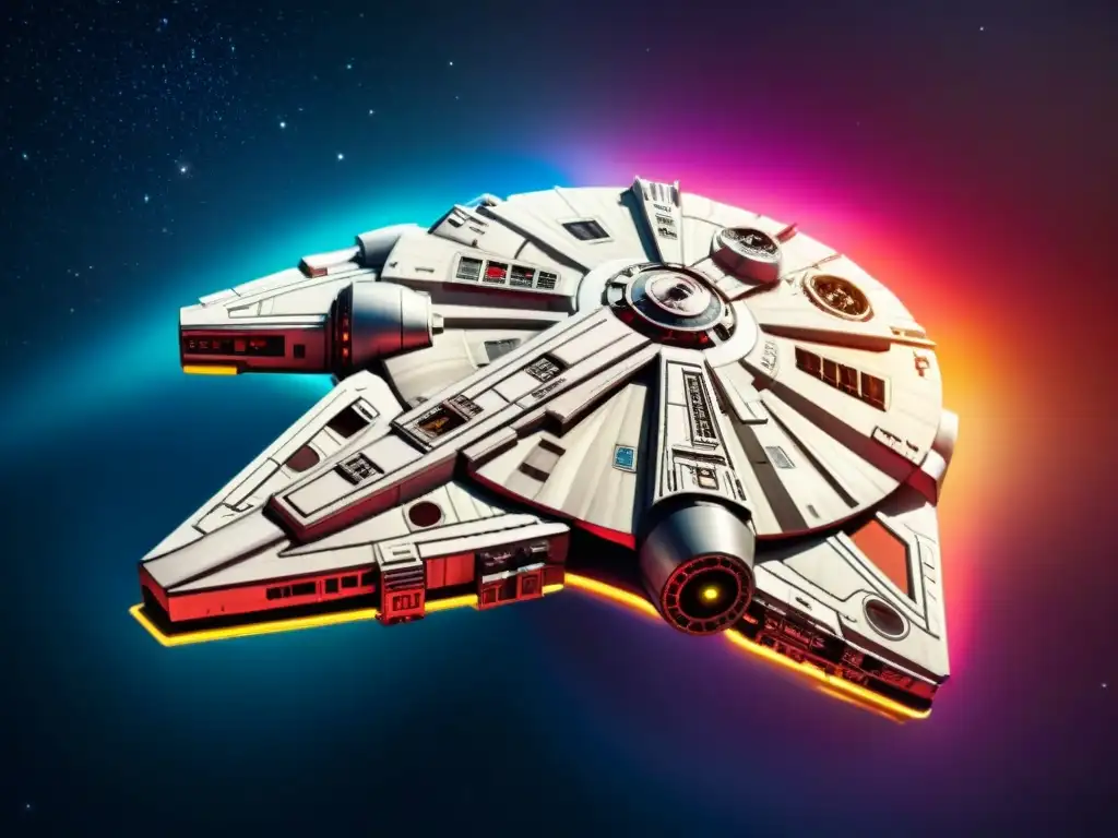 La nave icónica Millennium Falcon surca una galaxia estrellada, con colores vibrantes y detalles intrincados que resaltan su diseño