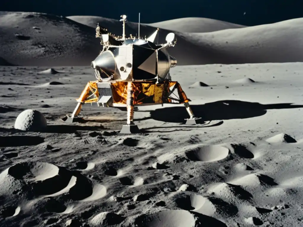 La nave Eagle de Apollo 11 aterriza en la luna en 1969, mostrando a Armstrong y Aldrin