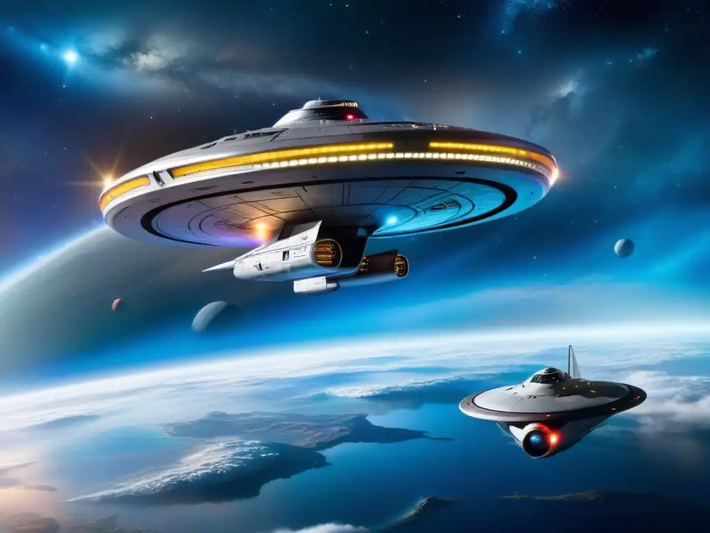 Dos naves icónicas de Star Trek, Enterprise y Discovery, contrastando en un escenario cósmico