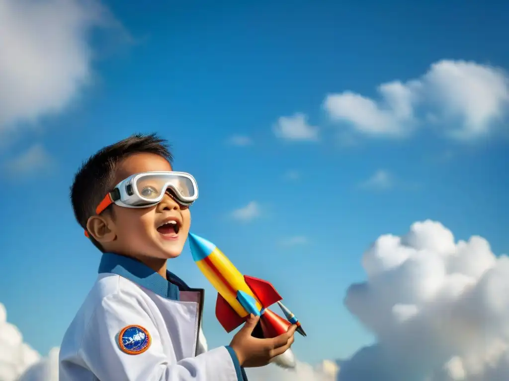 Niño de 8 años con gafas de seguridad y bata, listo para lanzar un cohete casero