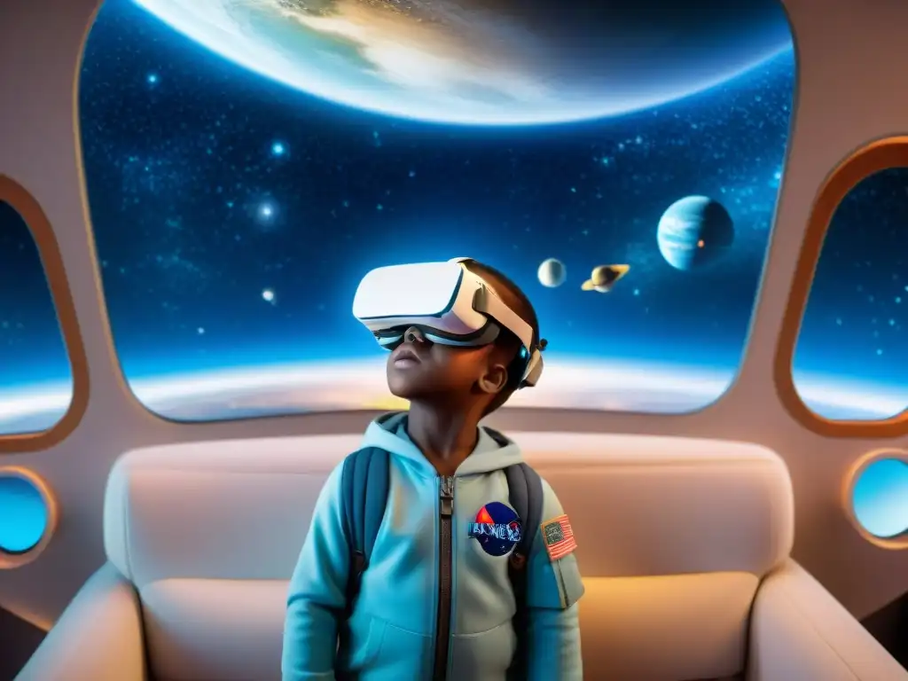 Un niño asombrado interactúa en una experiencia educativa espacial virtual