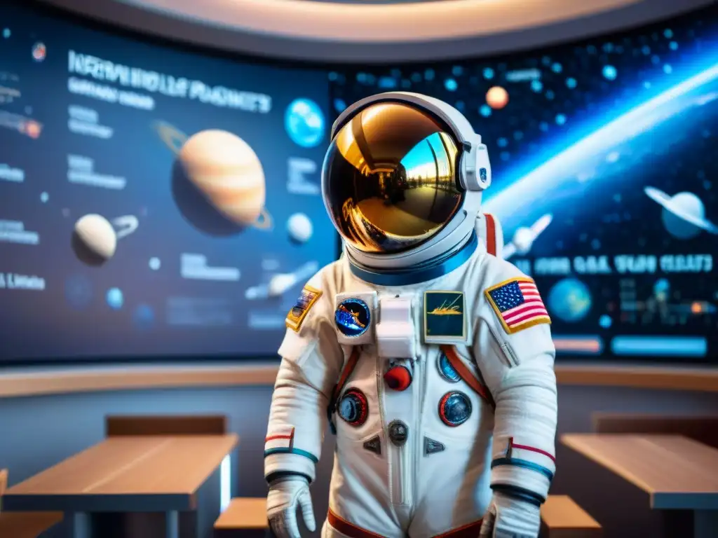 Niño astronauta en aula espacial: educación y maravilla Un niño astronauta en un aula temática espacial con trajes espaciales niños educación, rodeado de elementos inspiradores