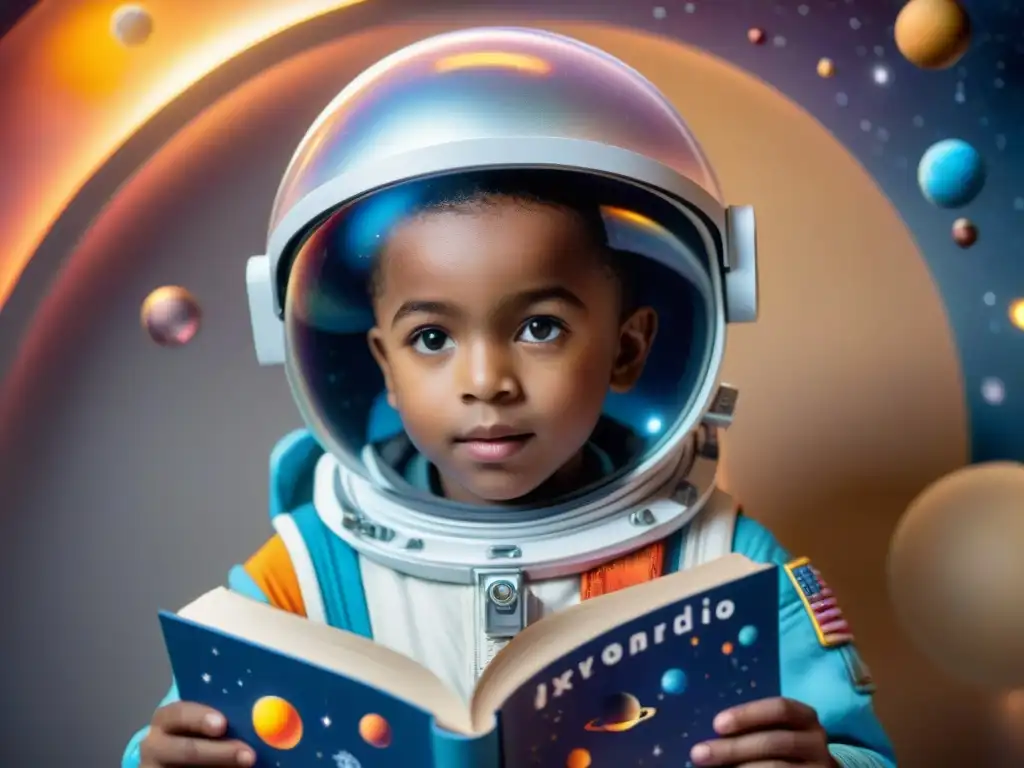 Un niño astronauta maravillado señala un libro 'Explorando el Universo' con ilustraciones vibrantes de planetas y estrellas