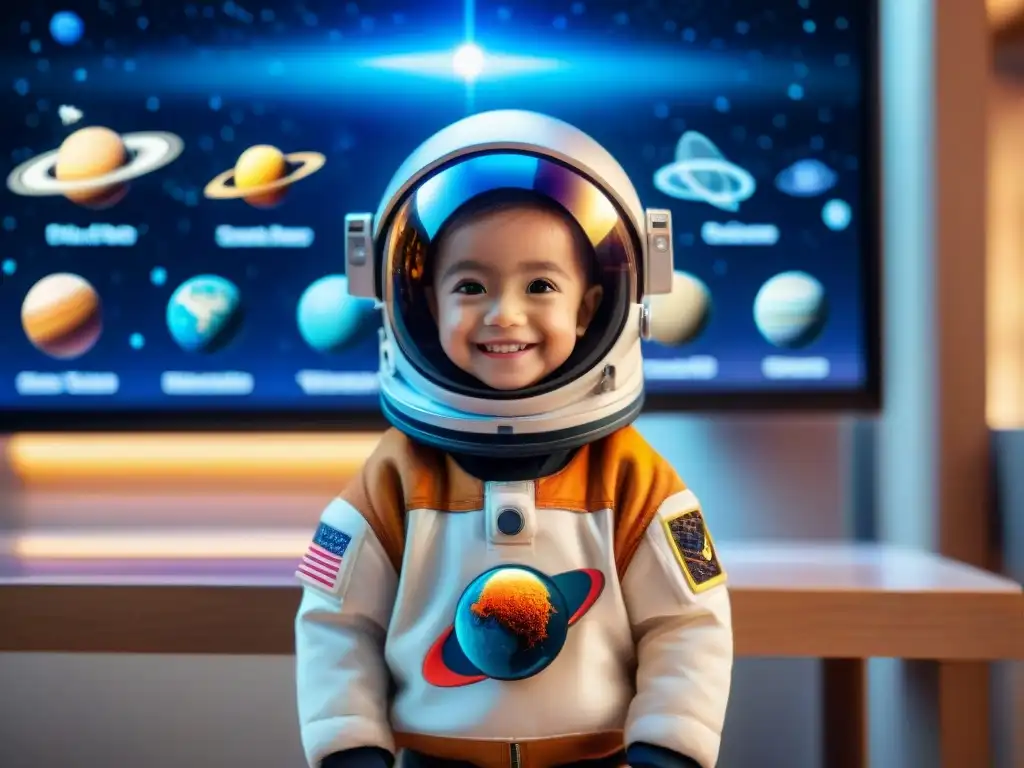 Un niño explorando el espacio con casco de astronauta y software astronómico para niños