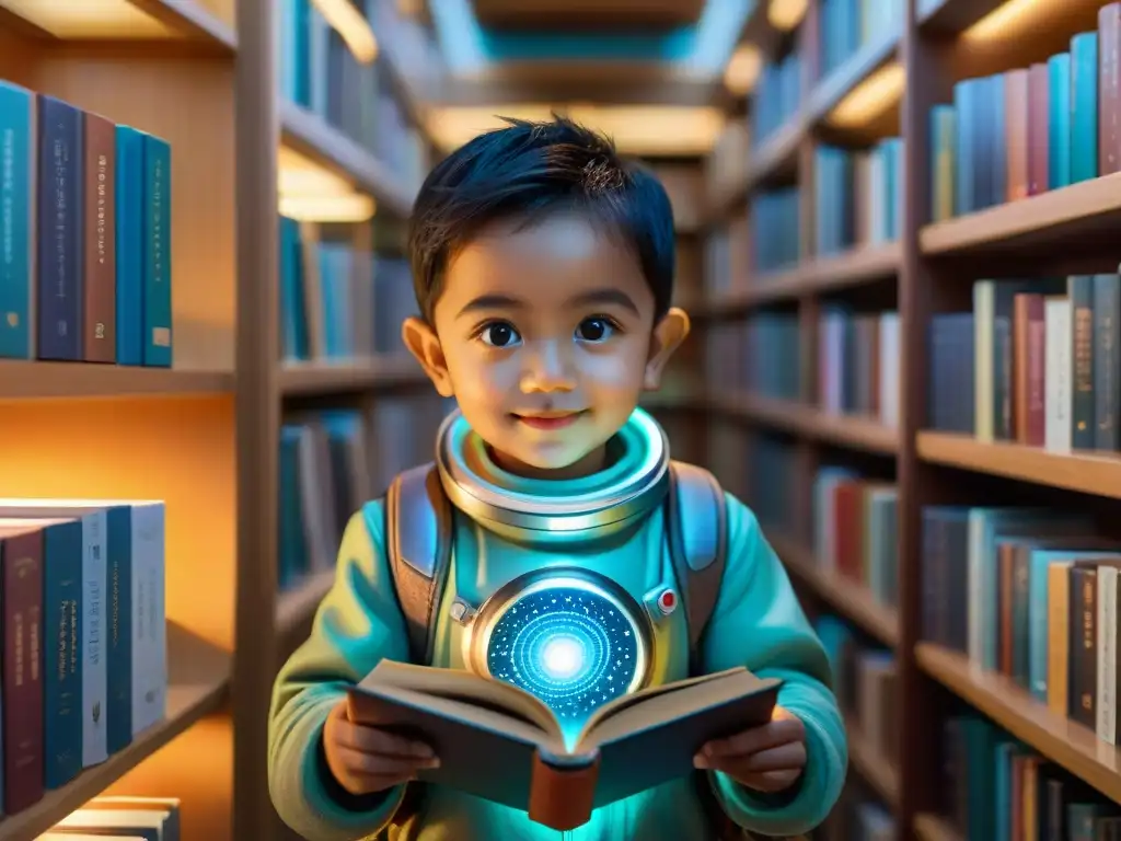 Un niño explorador del espacio en una biblioteca astral, extasiado por los libros de astronomía