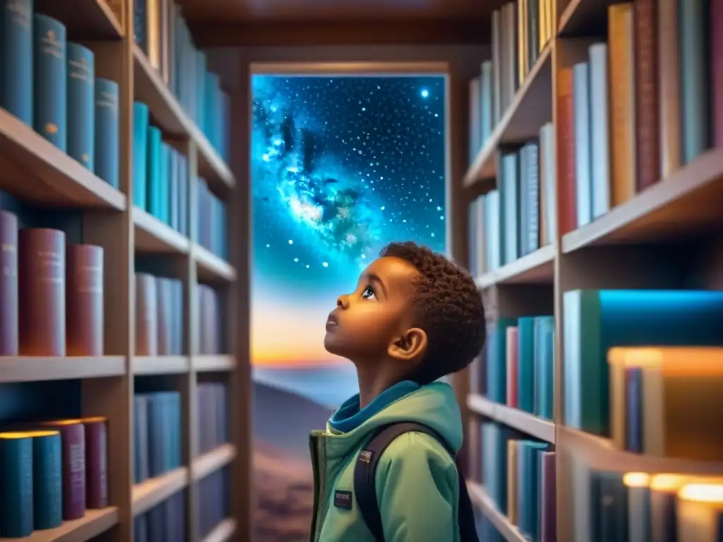 Niño explorador del espacio maravillado por libros de astronomía en noche estrellada