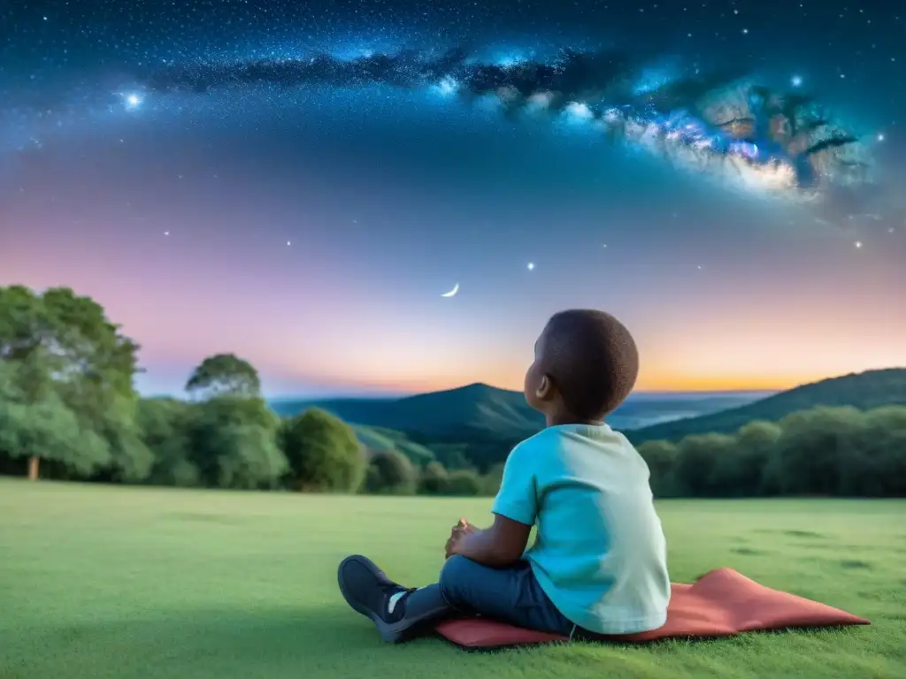 Un niño maravillado observa el cielo estrellado con un software astronómico para niños