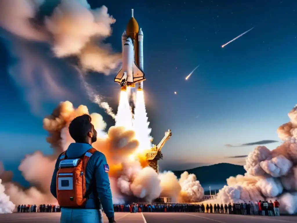 Un niño maravillado observa un lanzamiento espacial en persona, rodeado de gente diversa bajo un cielo estrellado