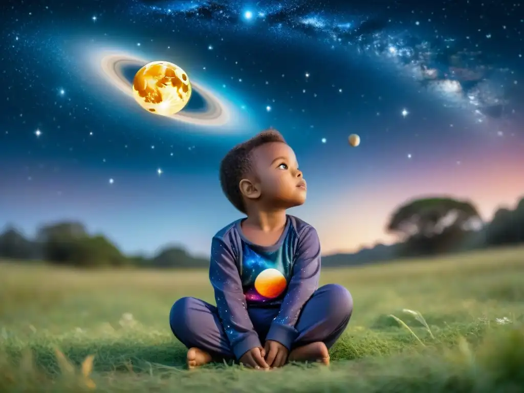 Un niño en pijama observa las estrellas y la luna en un campo