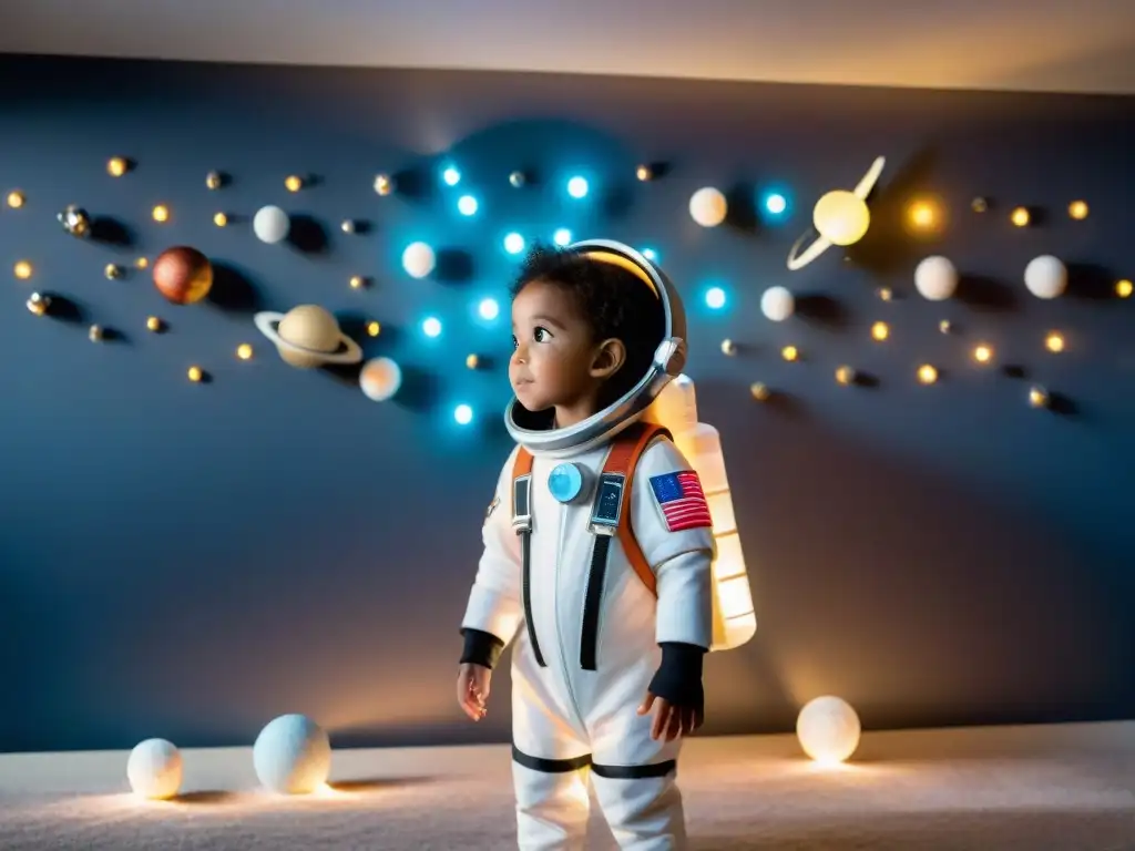 Un niño en traje de astronauta casero, maravillado por un sistema solar, rodeado de libros y proyectos de cohetes