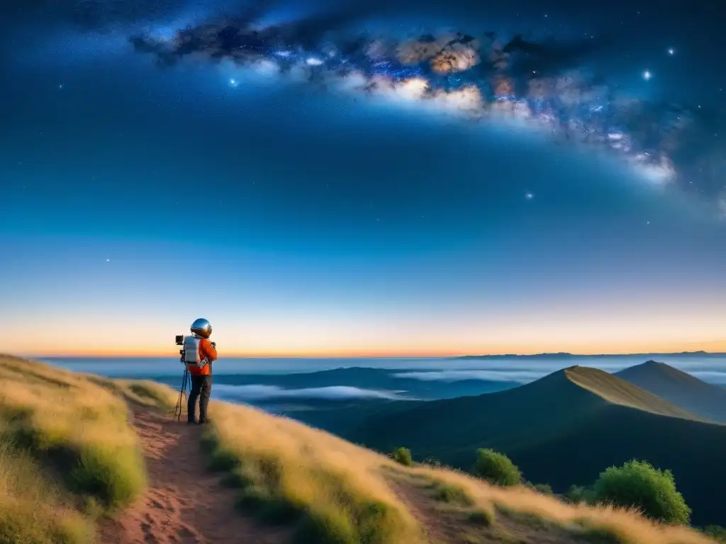 Un niño en traje de astronauta mirando al cielo estrellado a través de un telescopio, reflejando asombro y curiosidad por la astronomía