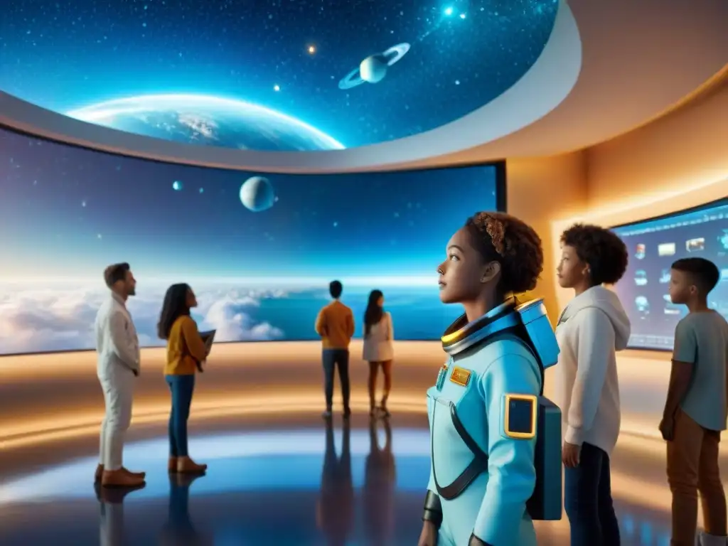 Niños exploradores del cosmos en aula futurista Niños de distintas etnias en trajes espaciales exploran el cosmos en aula futurista