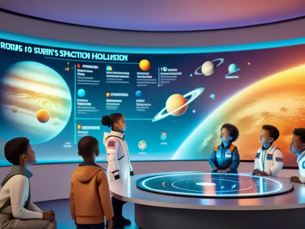 Clase espacial interactiva: niños exploran el sistema solar Niños en trajes espaciales exploran la galaxia en aula futurista de educación