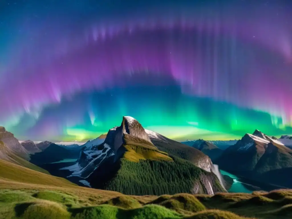 Aurora boreal en la noche estrellada sobre montañas con colores vibrantes y etéreos