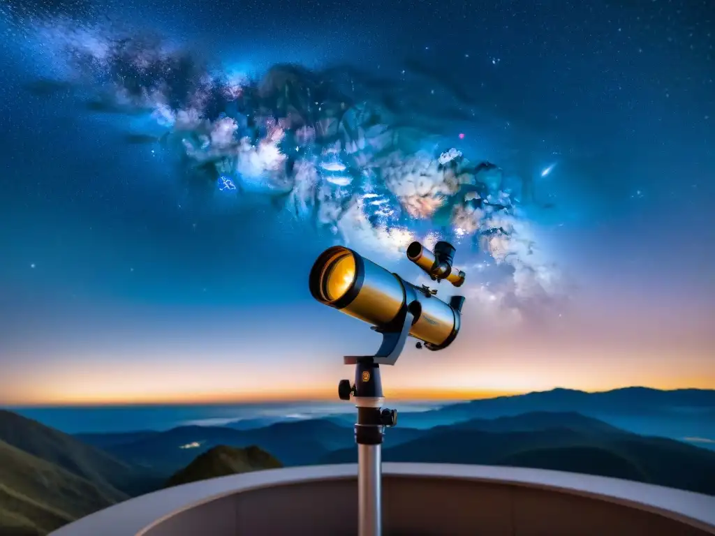Explorando el cosmos: noche estrellada con telescopio Una noche estrellada vista desde la altura, con telescopio y app de astronomía