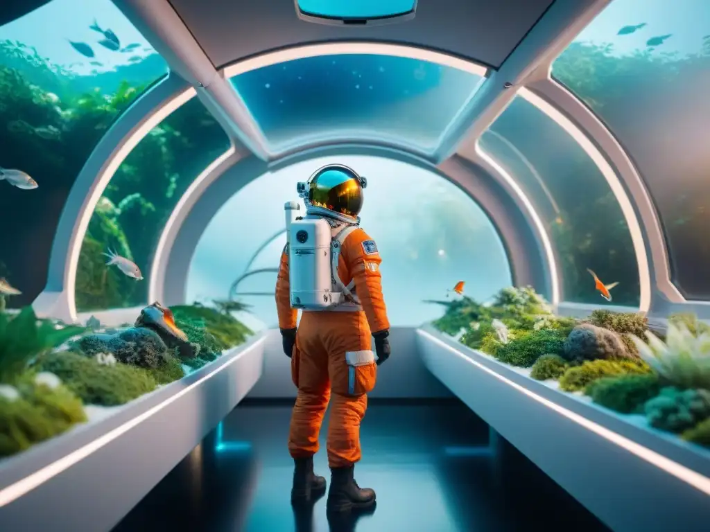 Un oasis espacial futurista con ecosistemas cerrados para vida espacial