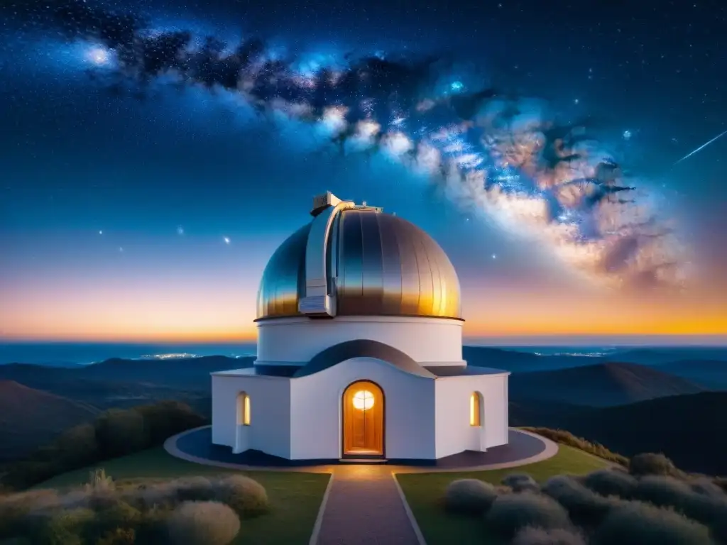 Observatorio astronómico nocturno con telescopio apuntando a galaxias, iluminado por estrellas y la Vía Láctea