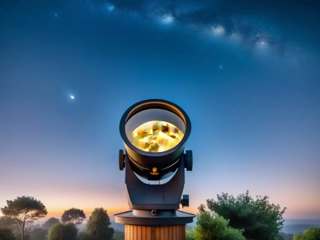 Montando Observatorio Astronómico Personal bajo el cielo estrellado, luna brillante y telescopio en silueta