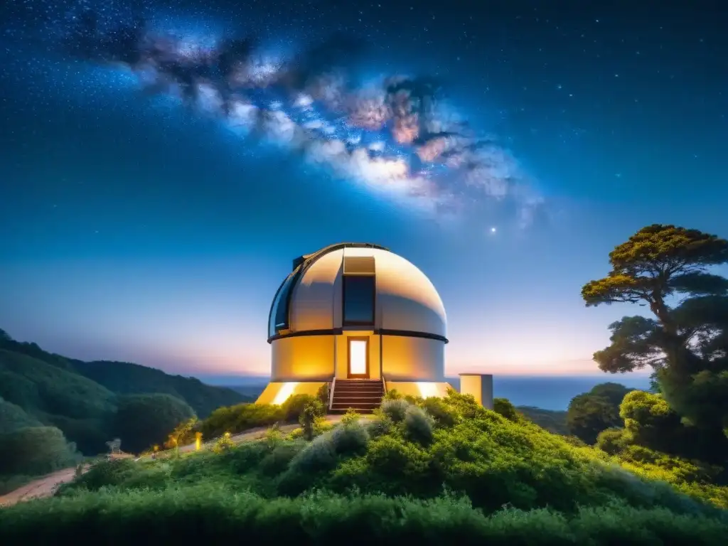 Configuración observatorio casero con telescopio apuntando a la Vía Láctea, rodeado de naturaleza bajo un cielo estrellado con luna brillante