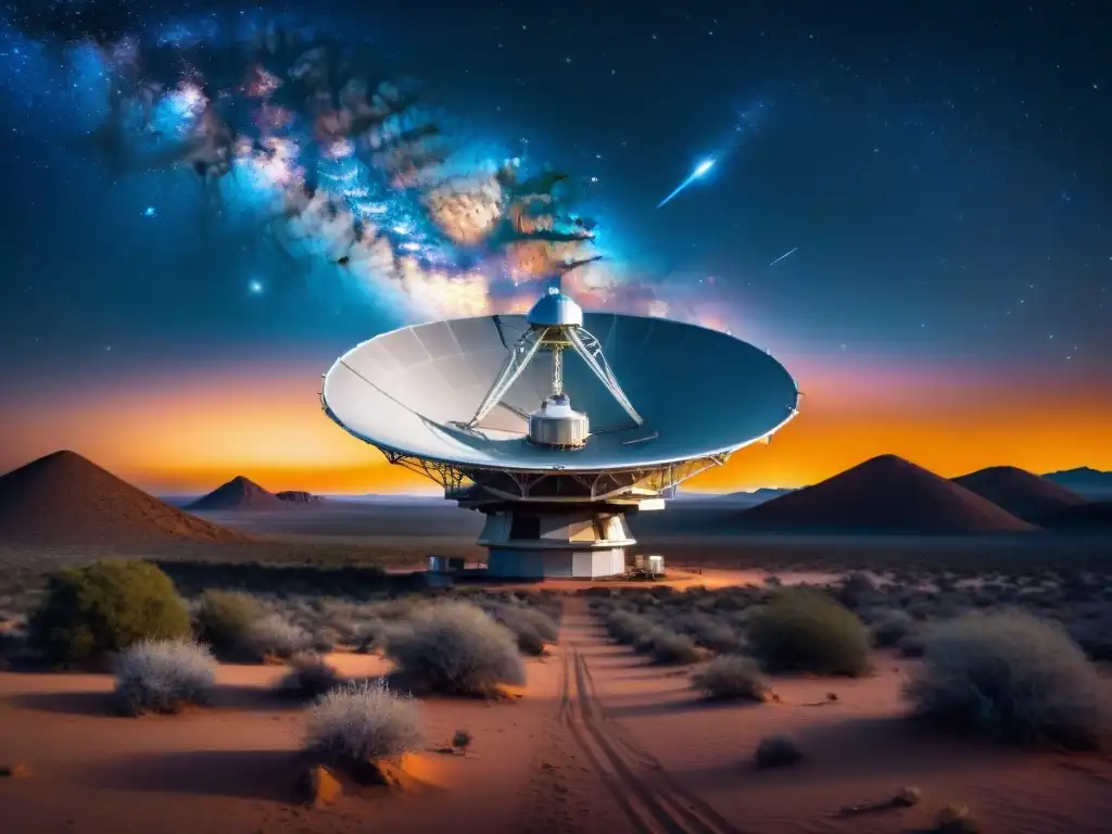 Un observatorio espacial en el desierto bajo un cielo estrellado, captando galaxias lejanas