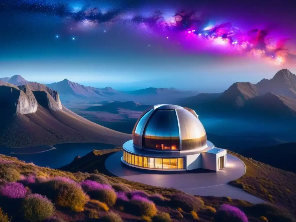 Un observatorio espacial futurista en medio de montañas, con una nebulosa morada y rosa en el cielo nocturno