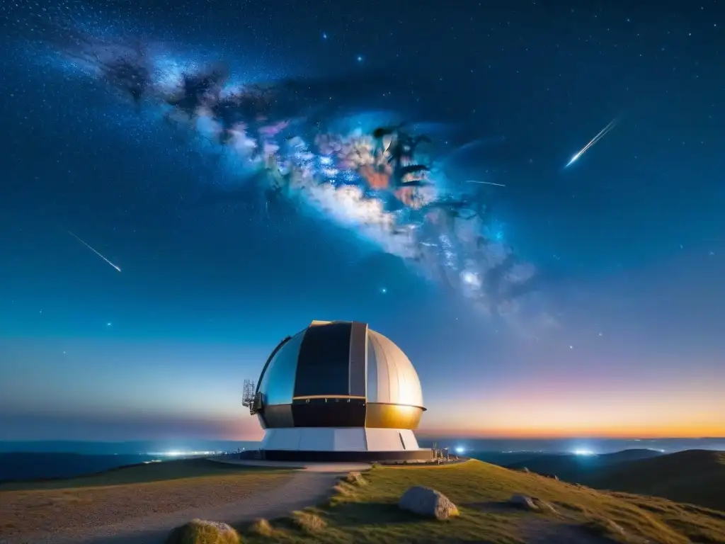 Observatorio espacial futurista capturando las Perseidas: espectáculo cósmico inolvidable