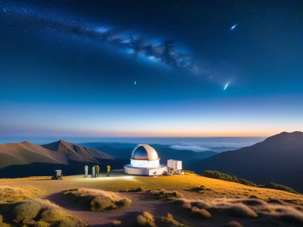 Un observatorio espacial móvil en una noche estrellada en la montaña con científicos colaborando y usando herramientas avanzadas