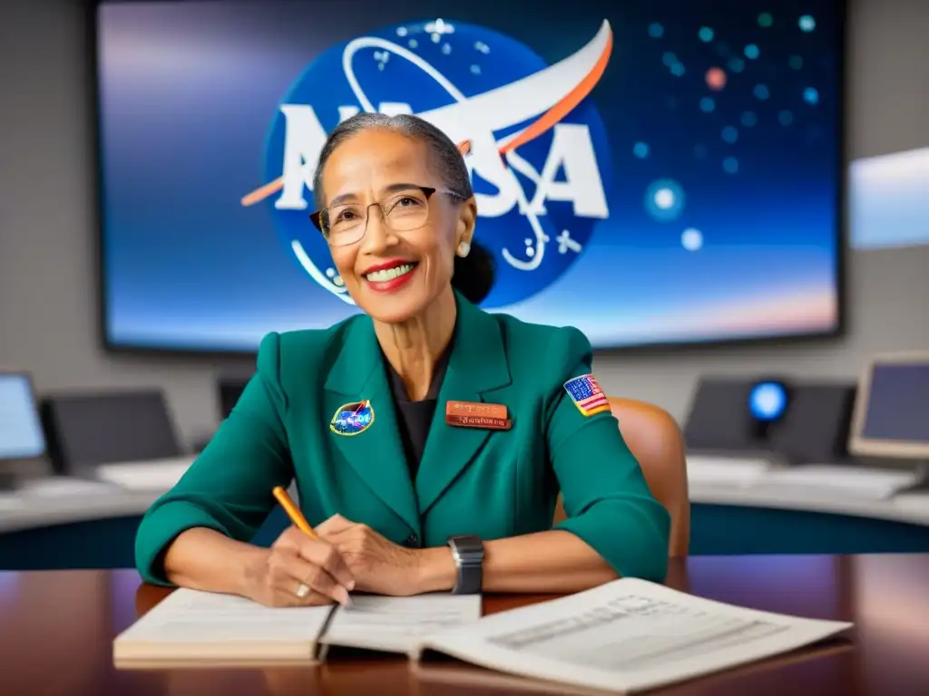 Katherine Johnson, matemática de NASA, destaca en oficina espacial con ecuaciones y colegas diversos