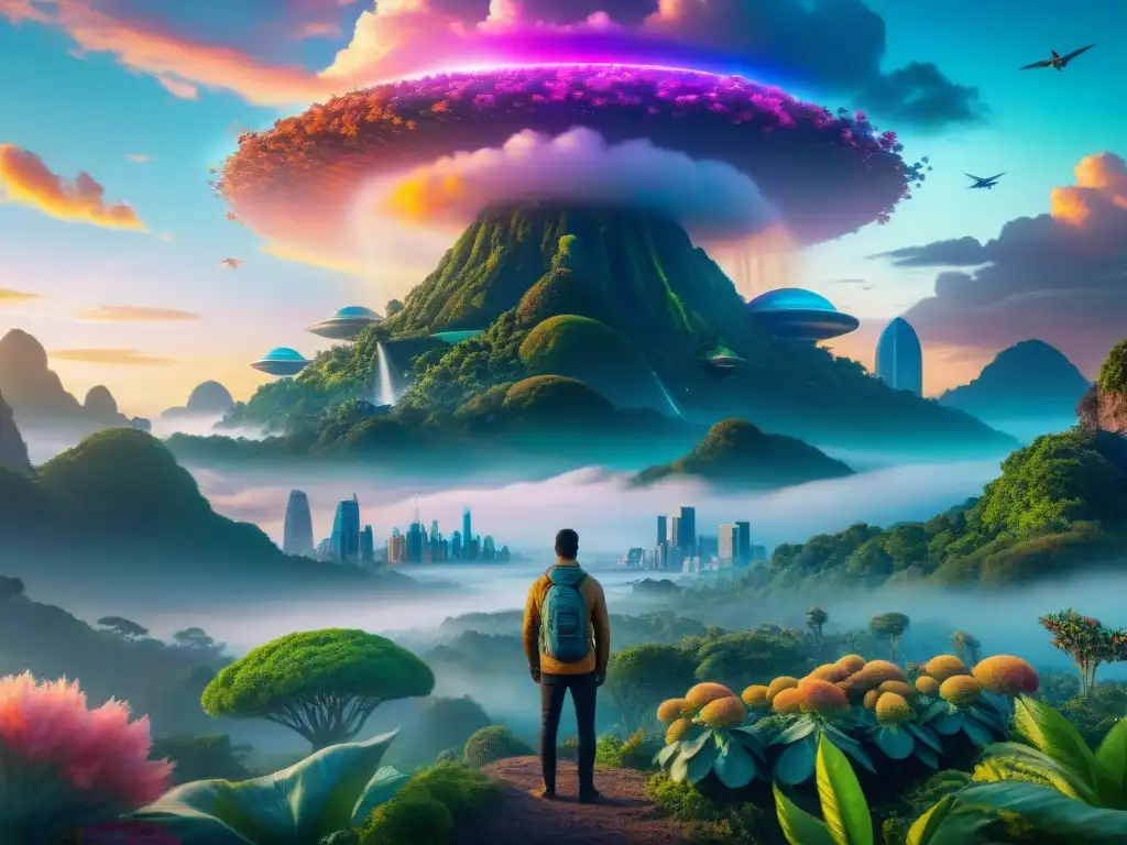 Un paisaje alienígena benevolente, donde humanos y alienígenas comparten tecnología y conocimiento en armonía bajo un cielo multicolor