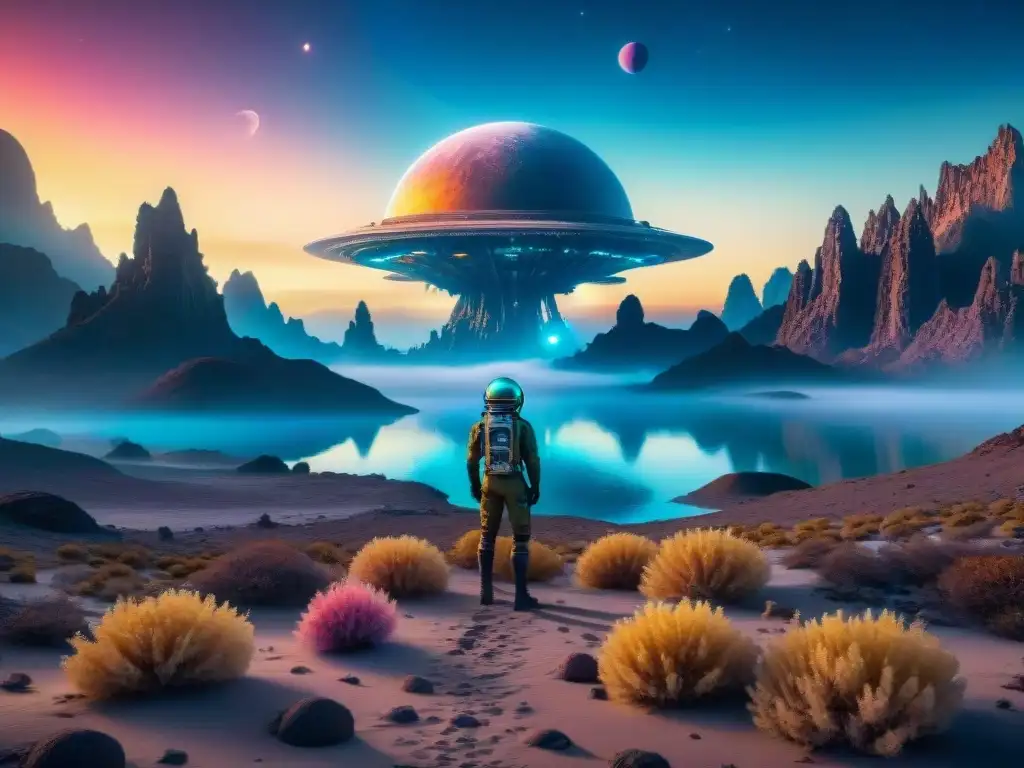 Un paisaje alienígena surrealista con formaciones cristalinas, lagos iridiscentes y plantas bioluminiscentes bajo una nebulosa colorida, que despierta la curiosidad sobre bioquímicas alternativas para la vida