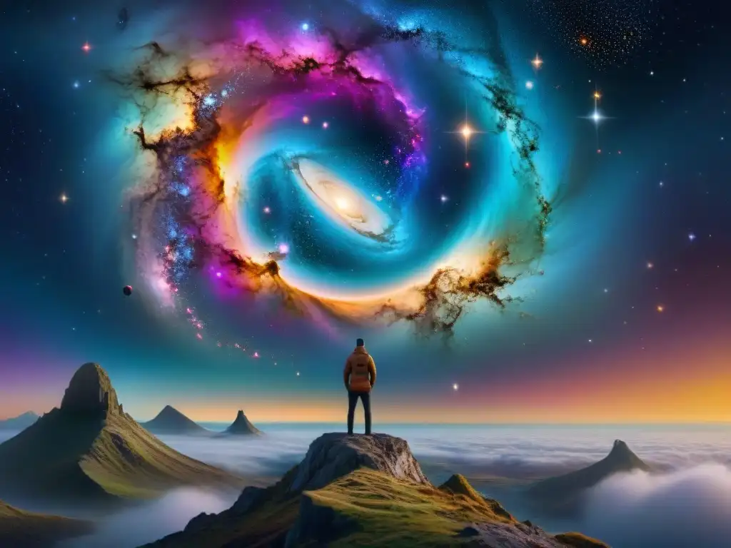 Un paisaje cósmico intrincado con universos alternativos interconectados, transmitiendo la idea de multiversos