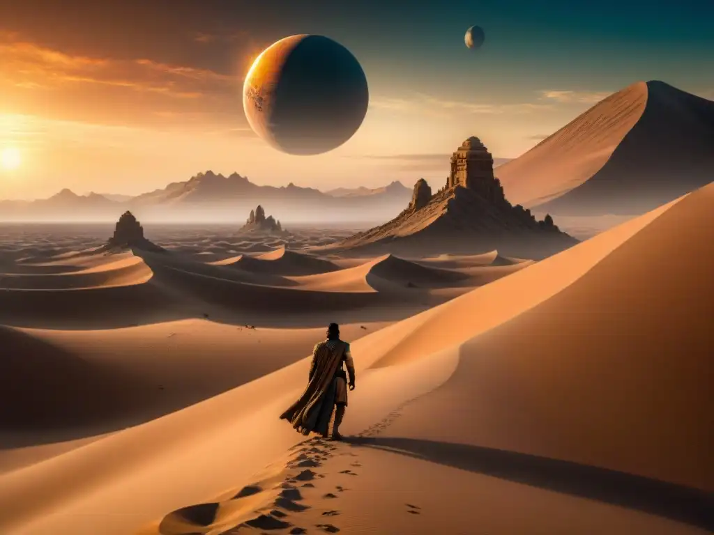 Un paisaje desértico en Arrakis con guerreros Fremen, simbolismos y profecías Dune